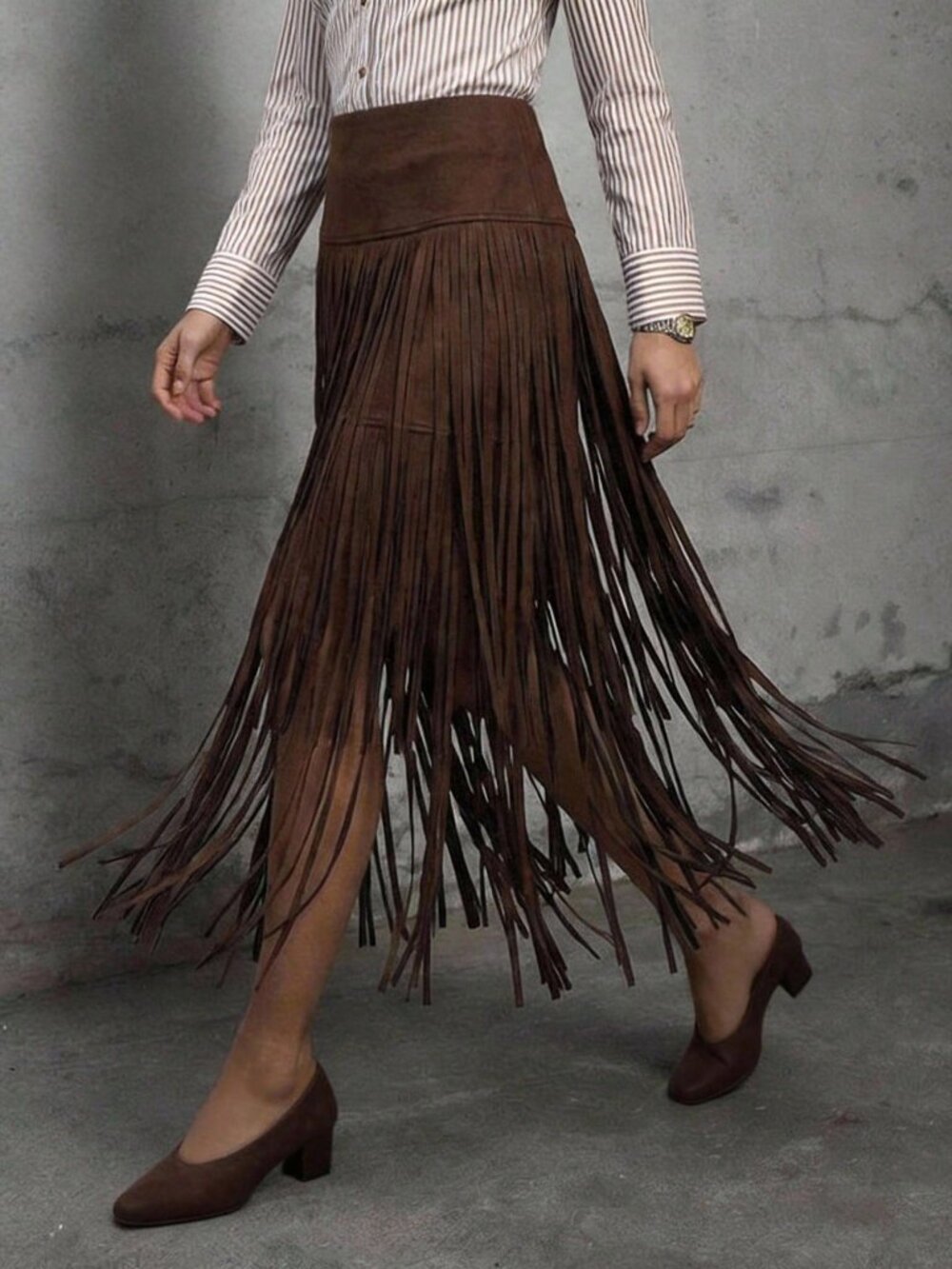 Brown Casual Women's Mid-Waist Fringe Tassel A-Line Skirt